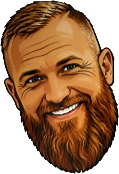 Cartoon of Ben, smiling with a full red beard